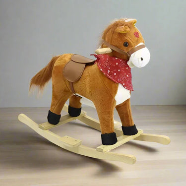 Kids Classic Plush Rocking Horse With Smooth Motion - Light Brown